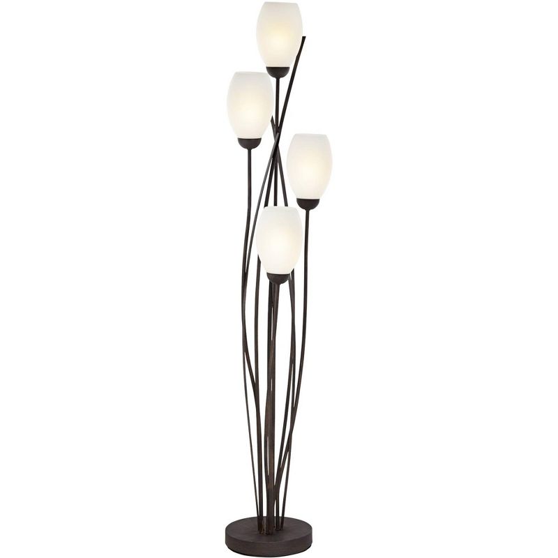 Franklin Iron Works Modern Tree Floor Lamp with USB Charging Port 4-Light 73" Tall Black White Glass Tulip Shade for Living Room, 1 of 9