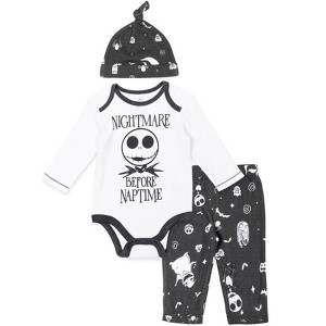 Disney Nightmare Before Christmas Zero Sally Jack Skellington Baby Bodysuit Pants and Hat 3 Piece Outfit Set Newborn to Infant  - 1 of 4