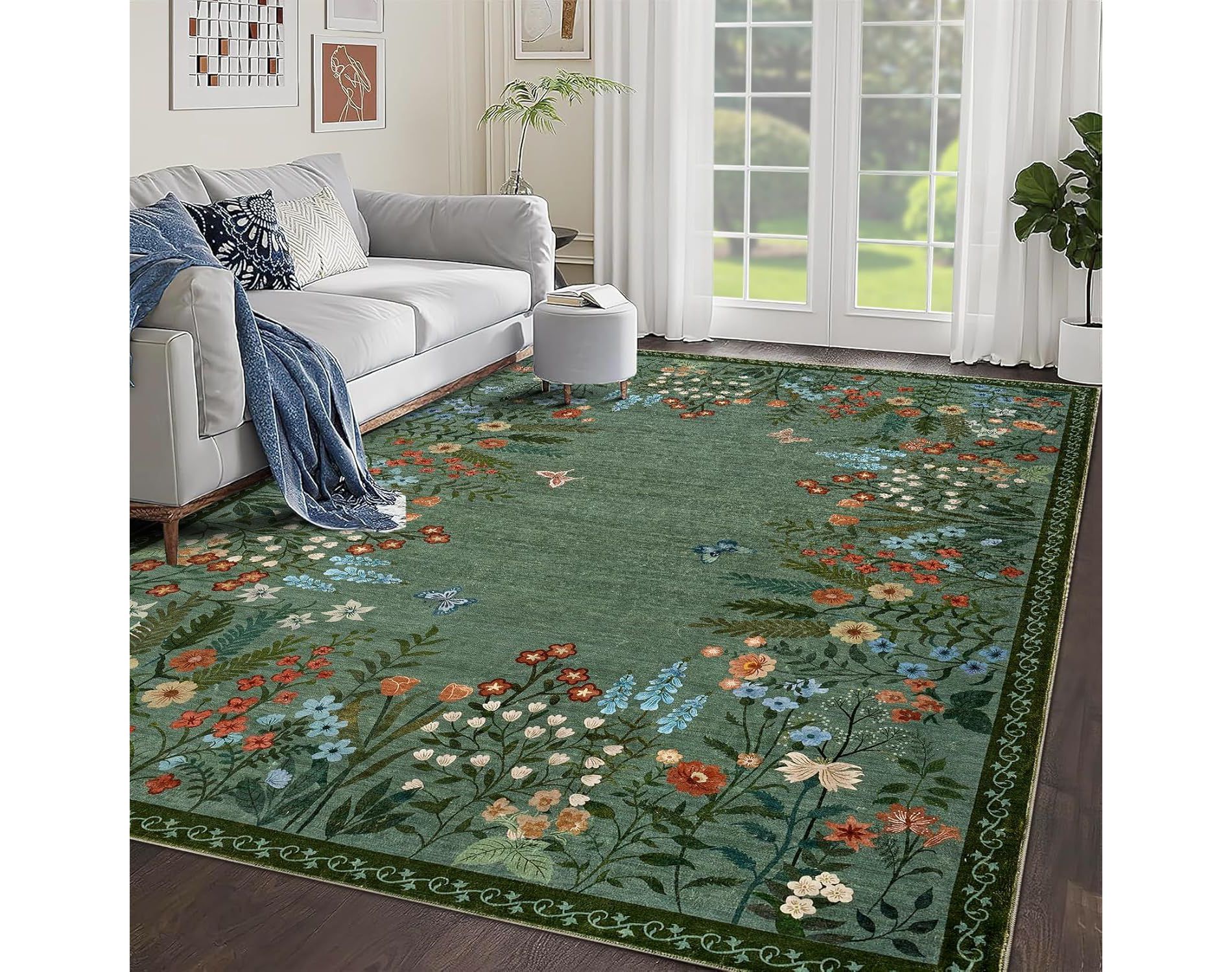 Acekool Washable 8x10 Floral Area Rug - Non-Slip, Soft & Machine Washable for Living Room, Bedroom, Green