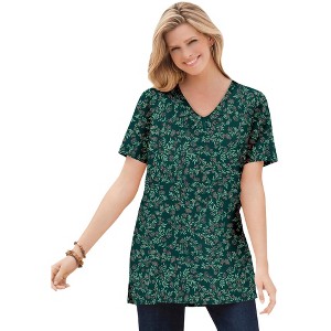 Woman Within Perfect Printed Short-Sleeve Shirred V-Neck Tunic - 1 of 4