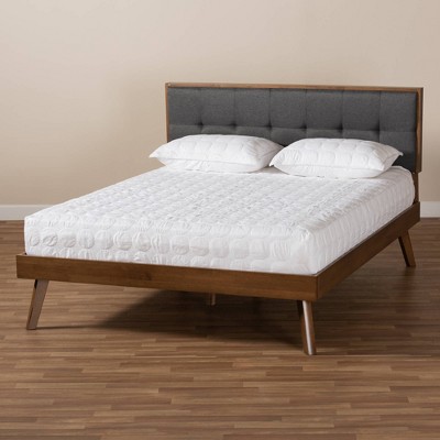 Full Dark Grey Upholstered Walnut Wood Platform Bed