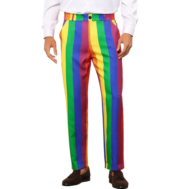 Lars Amadeus Men's Regular Fit Flat Front Color Block Rainbow Striped Trousers, 1 of 6