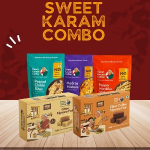 Shastha Sweet Karam Coffee Combo A - Special Madras Mixture , Chikki Bar , Pepper Murukku , Ghee Mysore Pak , Filter Coffee Mysore Pak - Pack of 5 - 1 of 4