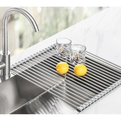 LunaLulinlk Stainless Steel Roll-Up Dish Drying Rack Marble Color Silicone Edges, Foldable Kitchen Rack Heat Resistant Trivet (17.7"x12.5")，Marble