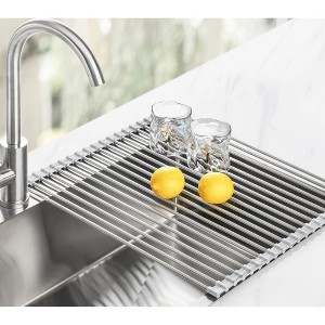 LunaLulinlk Stainless Steel Roll-Up Dish Drying Rack Marble Color Silicone Edges, Foldable Kitchen Rack Heat Resistant Trivet (17.7"x12.5")，Marble - 1 of 4
