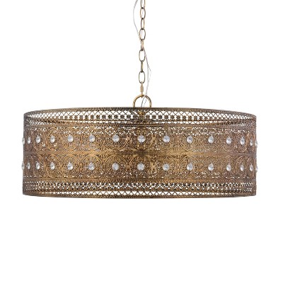 Elegant Brass and Crystal Drum Chandelier, 26" Glam Pendant Light