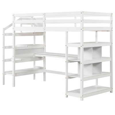 Tangkula Twin Size Loft Bed w/ Desk & Storage Stairs Solid Wood Loft Bed Frame w/Shelves