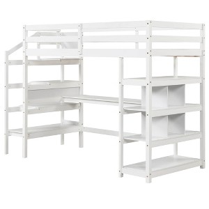 Tangkula Twin Size Loft Bed w/ Desk & Storage Stairs Solid Wood Loft Bed Frame w/Shelves - 1 of 4