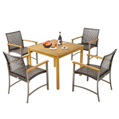 Tangkula 5 PCS Patio Dining Set Acacia Wood Table w/ 1.9" Umbrella Hole Wicker Armchairs