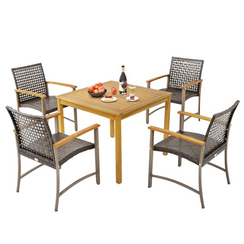 Tangkula 5 PCS Patio Dining Set Acacia Wood Table w/ 1.9" Umbrella Hole Wicker Armchairs - image 1 of 4