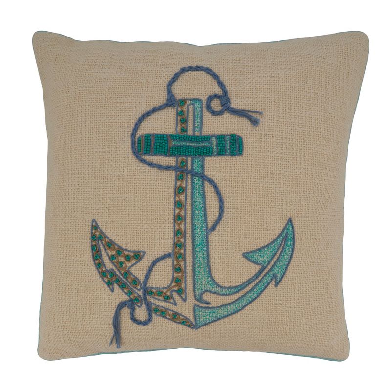 Saro Lifestyle Embroidered Anchor Pillow - Down Filled, 18" Square, Aqua, 1 of 4