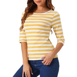 INSPIRE CHIC Women's Elbow Sleeves Boat Slim Fit Casual Stripe Animal Print Multi Floral Pattern T-Shirt - 1 of 4