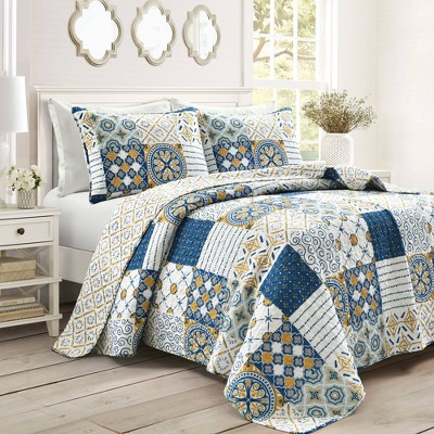 Full/queen 3pc Monique Quilt Set Navy/mustard - Lush Décor : Target