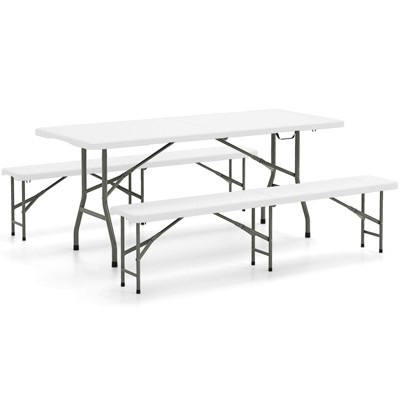 Tangkula 3 PCS Folding Picnic Table Set w/ 6 ft Table & 2 Benches HDPE Tabletop Bench Top Coffee
