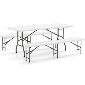 Tangkula 3 PCS Folding Picnic Table Set w/ 6 ft Table & 2 Benches HDPE Tabletop Bench Top Coffee - 1 of 4