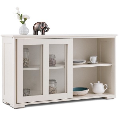 Costway Storage Cabinet Sideboard Buffet Cupboard Glass Sliding Door Pantry Kitchen Off-White