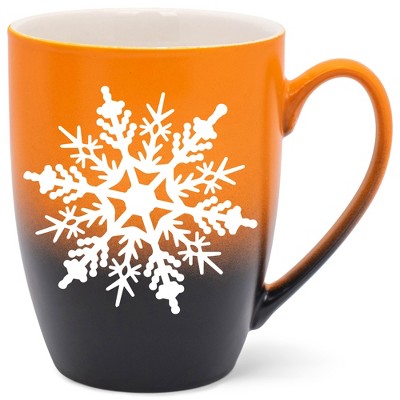 Elanze Designs Snowflake Bold Line Two Toned Ombre Matte Orange and Black 12 ounce Ceramic Stoneware Coffee Cup Mug