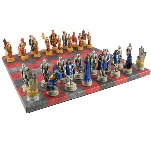 WorldWise Imports Chess Set - King Arthur Resin Chessmen on Red & Dusky Black Faux Leatherette Chess Board - 1 of 4