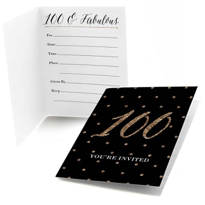 Big Dot of Happiness Chic 100th Birthday - Black and Gold - Fill In Birthday Party Invitations (8 count)