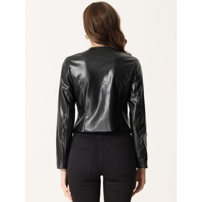 INSPIRE CHIC Women's Collarless Open Front Faux Pocket Faux Leather Crop Moto Jackets X-Small Black — фото 3