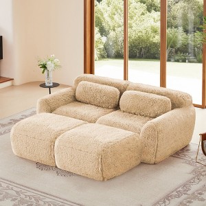 80.3 inch Light Khaki Plush Fabric Sectional Sofa with Throw Pillows and 2 Ottomans 32D High Density Sponge - 1 of 4