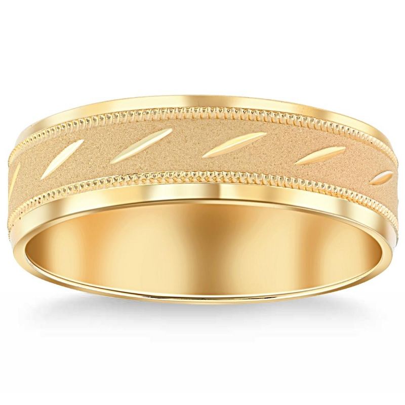 Pompeii3 Mens 10k Yellow Gold 6MM Brushed Carved Wedding Band Comfort Fit Ring, 1 of 5