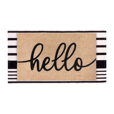 black hello with striped rug