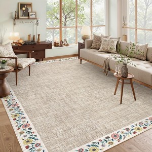 Washable Living Room Rug Floral Bordered Area Rugs Soft Thin Indoor Carpet  Modern Throw Aesthetic Mat Non Slip - 1 of 4