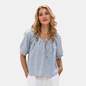 Women's Chic Striped Lace-Up Blouse with Puff Sleeves - Cupshe - 1 of 4