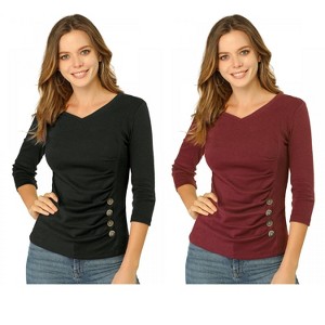 INSPIRE CHIC Women's V Neck 3/4 Sleeves Solid Knitted Buttons Decor Ruched Blouse 2 Packs - 1 of 4
