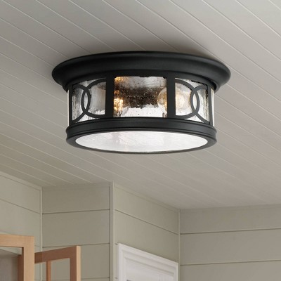 Black Steel and Seedy Glass Drum Flush Mount Ceiling Light