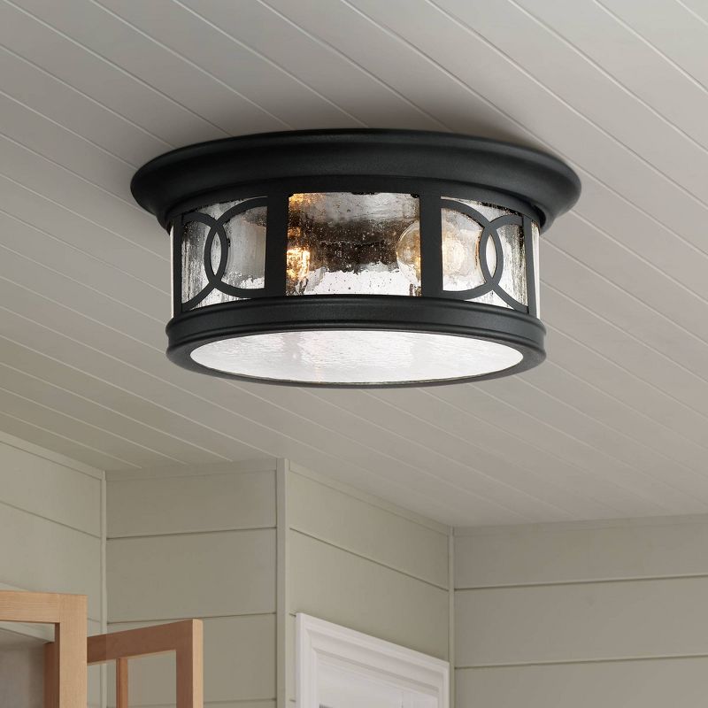John Timberland Flush Mount Outdoor Ceiling Light Fixture Black 12" Seedy Glass for Exterior House Porch, 2 of 9