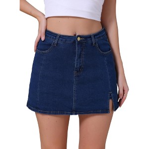 INSPIRE CHIC Women's Jean Side Slit High Waisted A-Line Stretch Mini Denim Skirts - 1 of 4