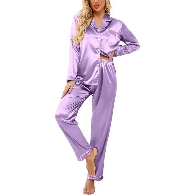 Ekouaer Women's Classic Button Down Long Satin Silk Pajama Set