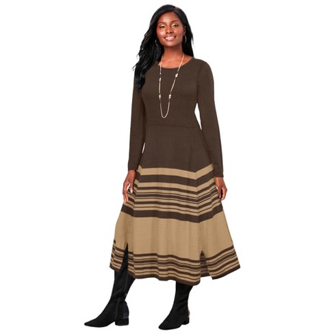 Jessica London Women's Plus Size Fit and Flare Sweater Dress, 12 -  Chocolate Soft Camel