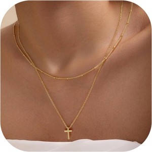 Layered Cross Necklace 14K Gold Plated with Beads CZ Mary Medal First Communion Gift layered beaded cross necklace - 1 of 4