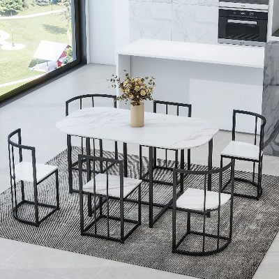 NicBex Modern 7-Piece Dining Table Set with Faux Marble, 55" Semi-Circular Table with 6 Triangular Chairs, Kitchen Table Set for 6