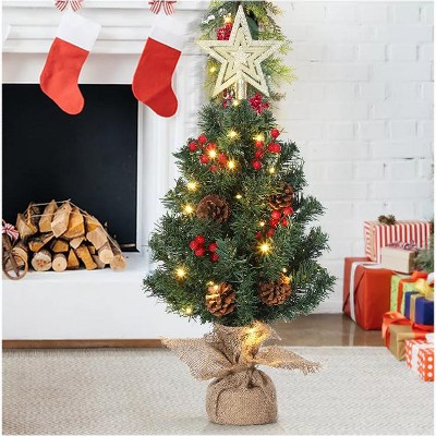 TackView Mini Christmas Tree with Top Star & Lights, Tabletop Artificial Christmas Tree with Red Berries & Pine Cones, for Holiday Decorations