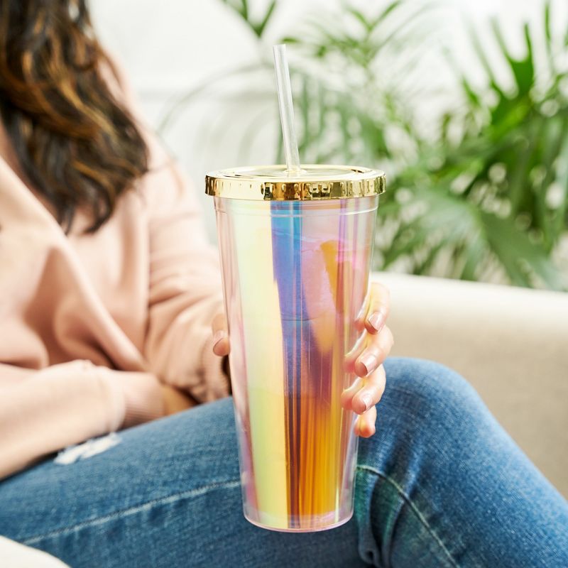 Blush Iridescent Cute Drink Tumbler | Reusable, Leak-Proof, Travel, Clear Plastic, Slim, Iced Coffee Cup with Seal, Screw-On-Lid, and Straw, 24oz, 2 of 5
