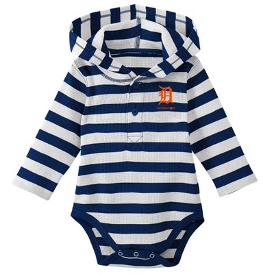 MLB Detroit Tigers Boys' Striped Long Sleeve Hooded Bodysuit - 3-6M