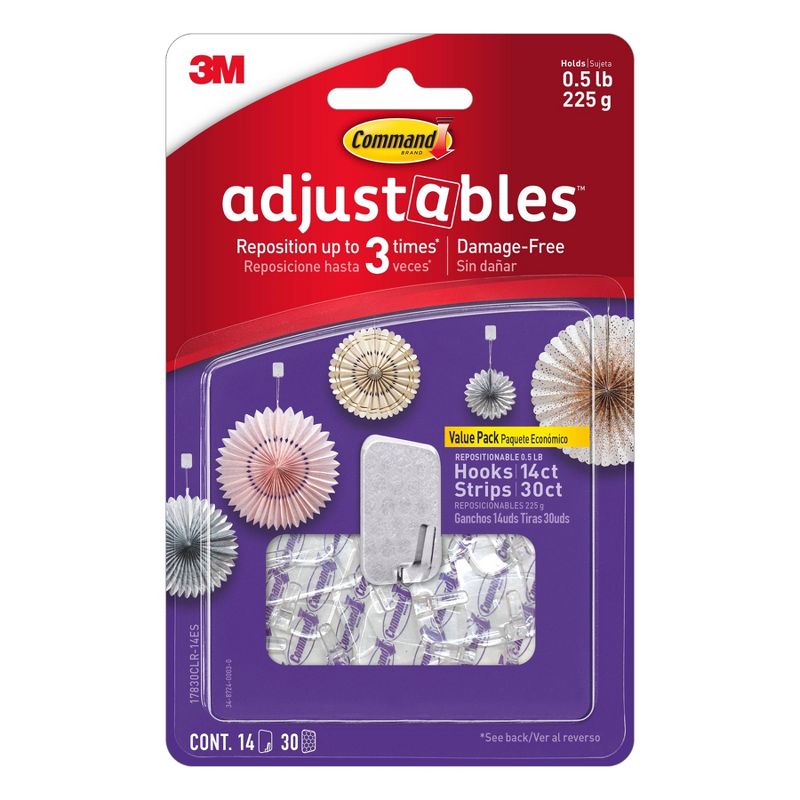Command Adjustables 1/2 lb 14pc 30 Strips Repositionable Decorative Hooks, 1 of 13