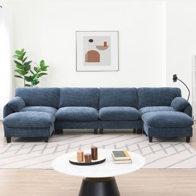 140" Striped Chenille Modular U-Shaped Sectional Sofa with Wide Seat, USB/Type-C Chargers & Storage Ottoman