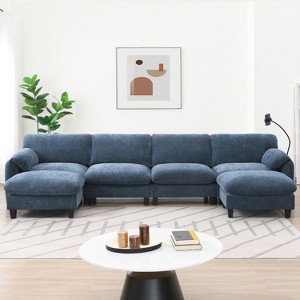 140" Striped Chenille Modular U-Shaped Sectional Sofa with Wide Seat, USB/Type-C Chargers & Storage Ottoman - 1 of 4