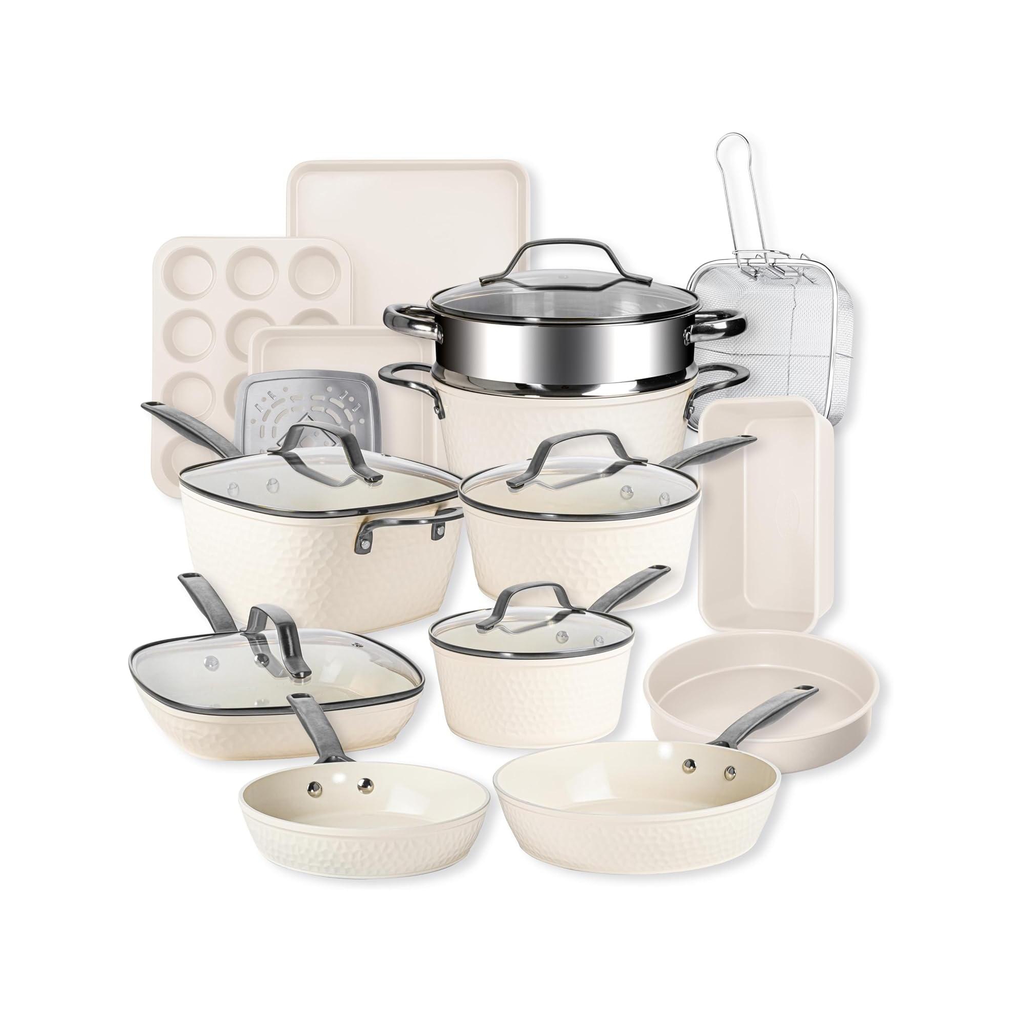 Gotham Steel Pro Hammered Pots and Pans Cream 20 Piece Ceramic Nonstick Induction Cookware and Bakeware Set