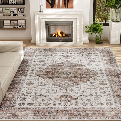 HOMCOM 8x10 Area Rug, Vintage Machine Washable Rug, Non-Slip Distressed Floor Carpet for Living Room, Bedroom, Dining Room, Home Office, Tan