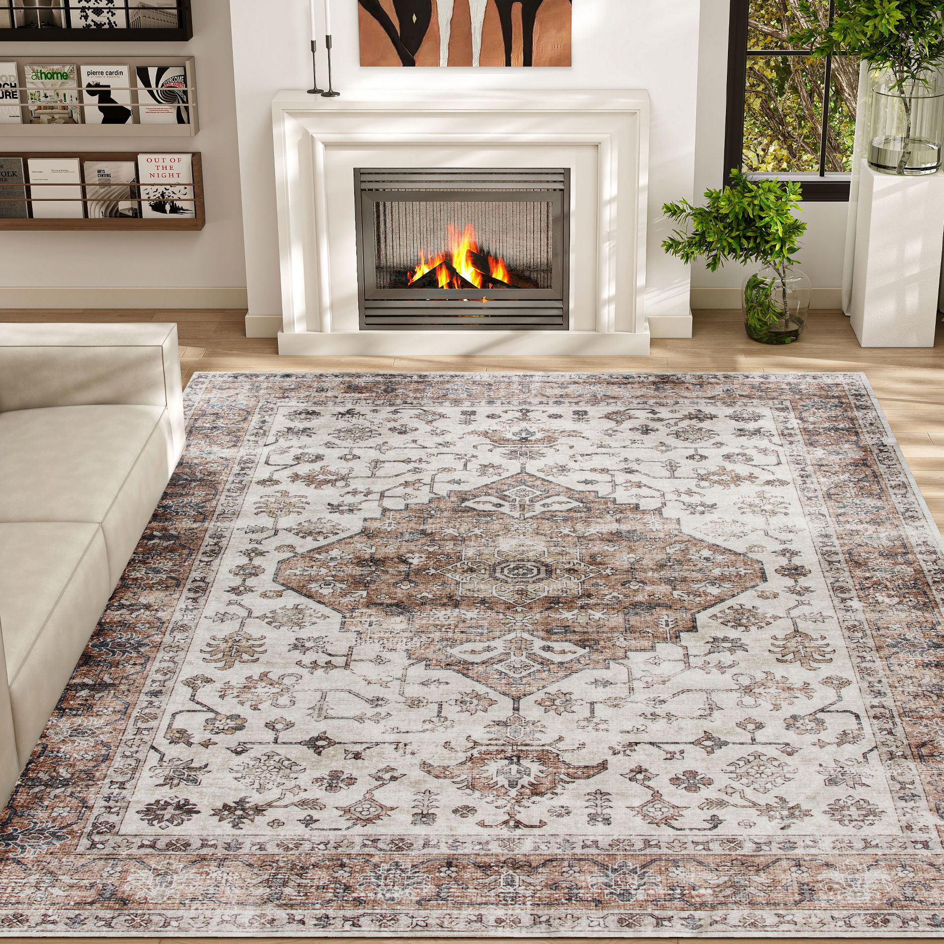 HOMCOM 8x10 Area Rug, Vintage Machine Washable Rug, Non-Slip Distressed Floor Carpet for Living Room, Bedroom, Dining Room, Home Office, Tan