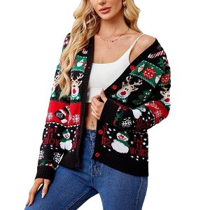 BLUEMING Women Sweaters Ugly Christmas Reindeer Knit Cardigans - Maximalist Festive Textures - 1 of 4