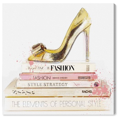 12" x 12" Gold Shoe and Blush Books Fashion and Glam Unframed Canvas Wall Art in Gold - Oliver Gal