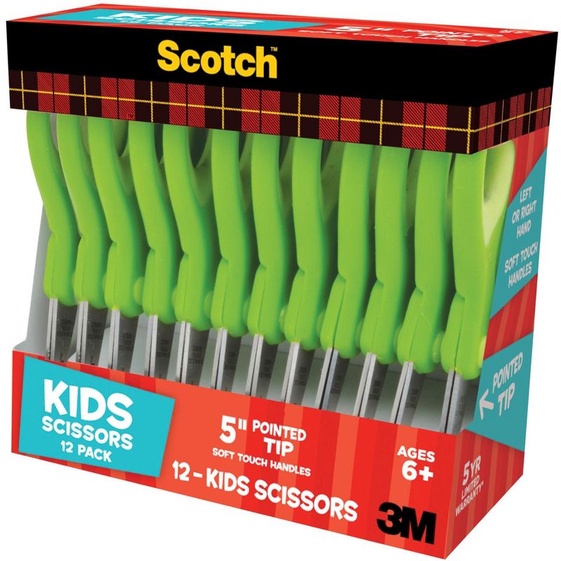 Scotch Soft Touch Pointed Kids Scissors, 5 Inches, Stainless Steel Blade, Pack of 12, 1 of 3