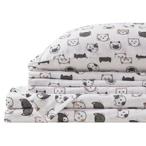 3 Pcs Novelty Printed 100% Cotton Sheet Set, Breathable & Extra Soft Deep Pocket Fitted Sheets for All Seasons, Heavyweight Bedding with Pillow Cases - 1 of 4